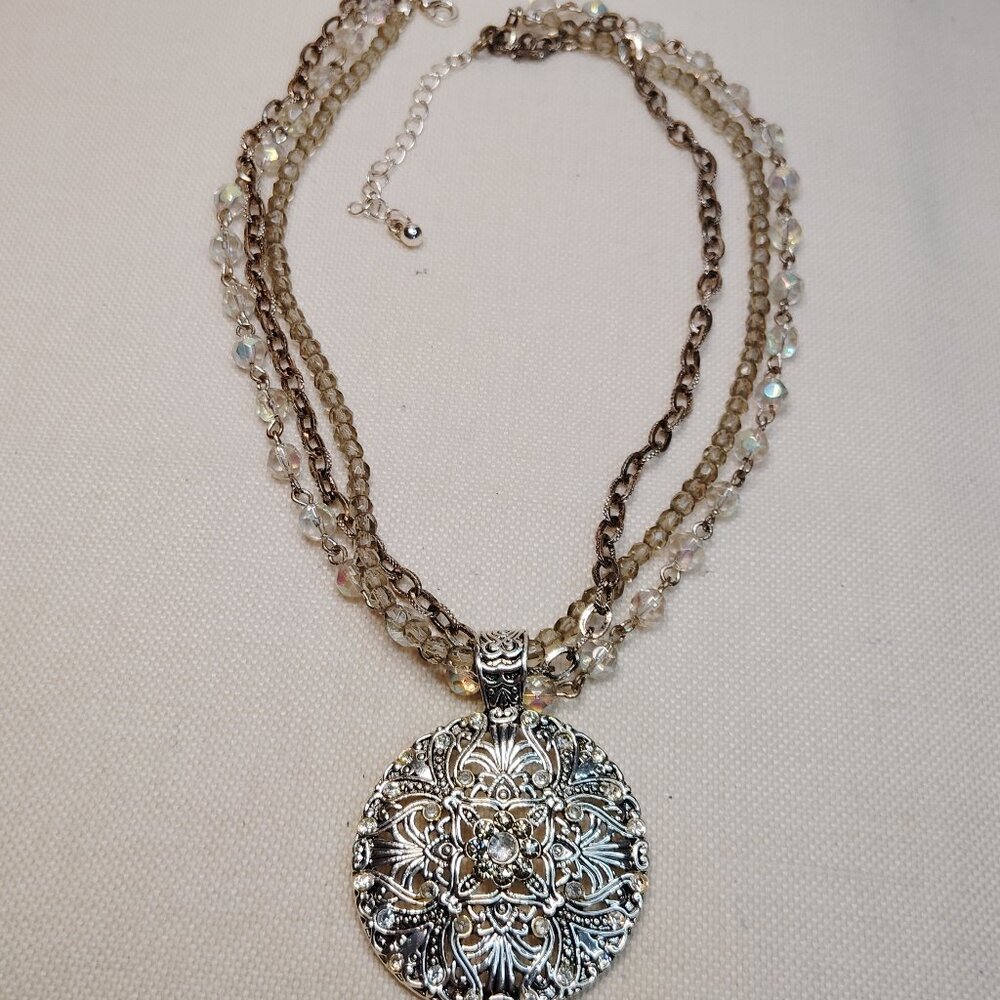 Vintage Avon NR Silver Tone Multi Strand Filigree Pendant Necklace